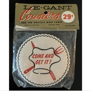 Vintage 1950s Paper Coasters Set of 12 New in Package Come And Get It Chef’s Hat